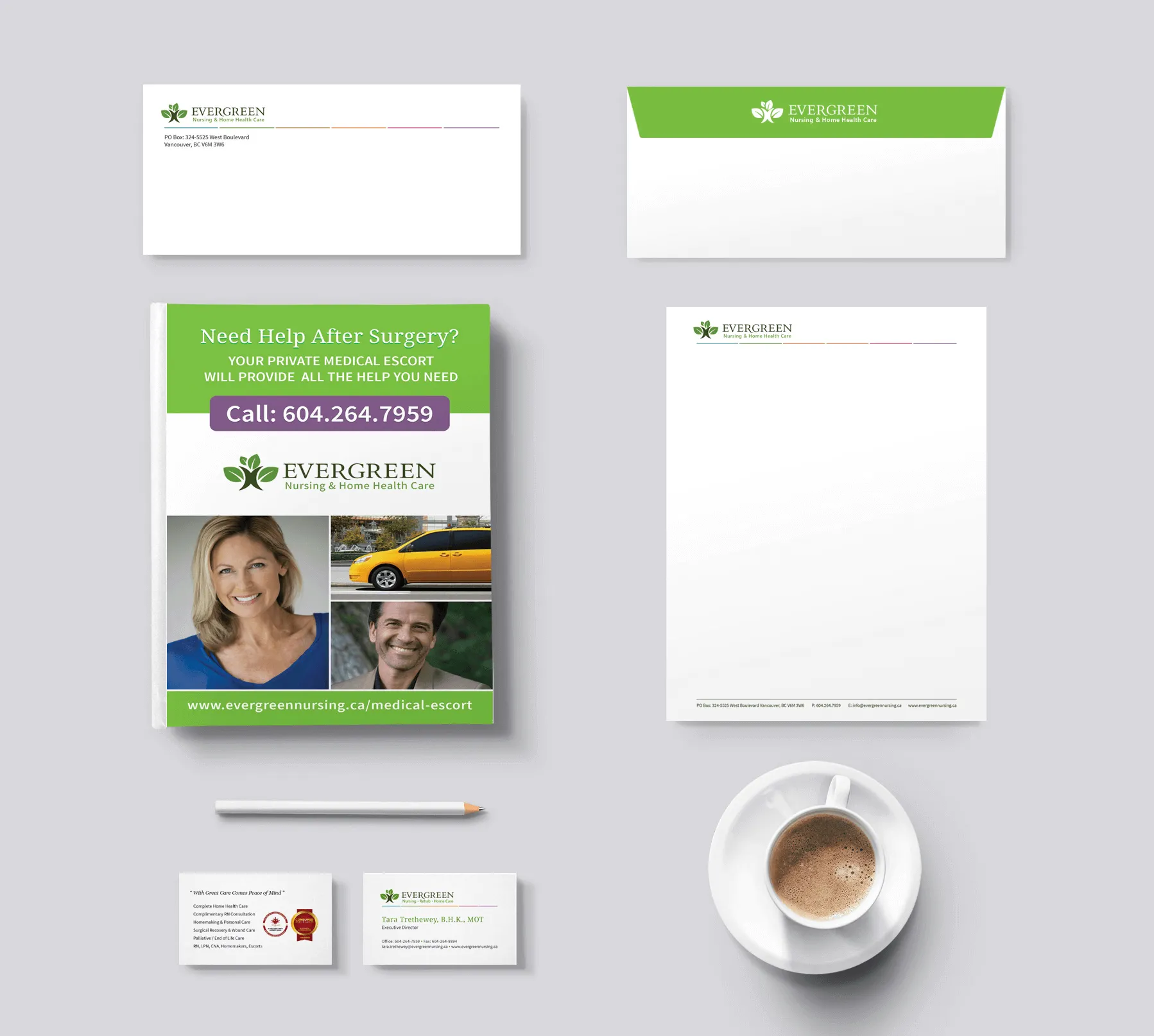 Business cards and branded stationary - illustration for the highlights of the Evergreen Nursing web design and digital marketing project.